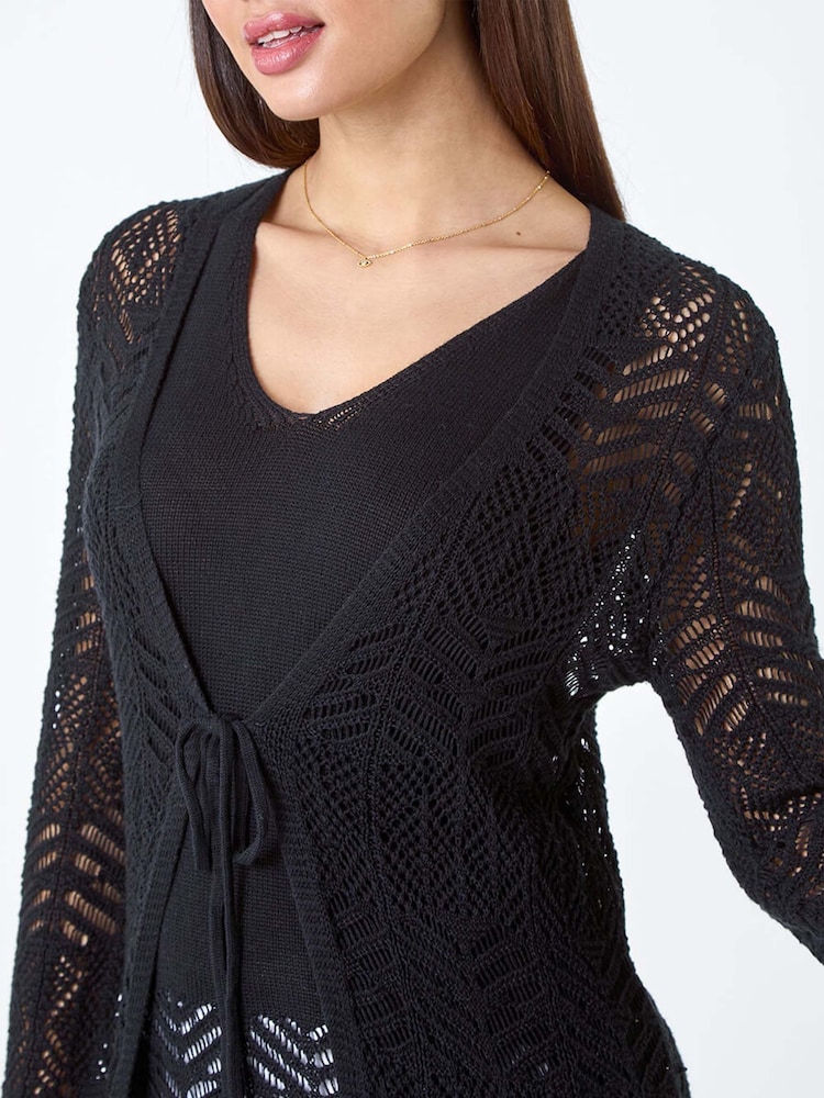 Roman Black Longline Tie Cotton Blend Knit Cardigan - Image 5 of 5