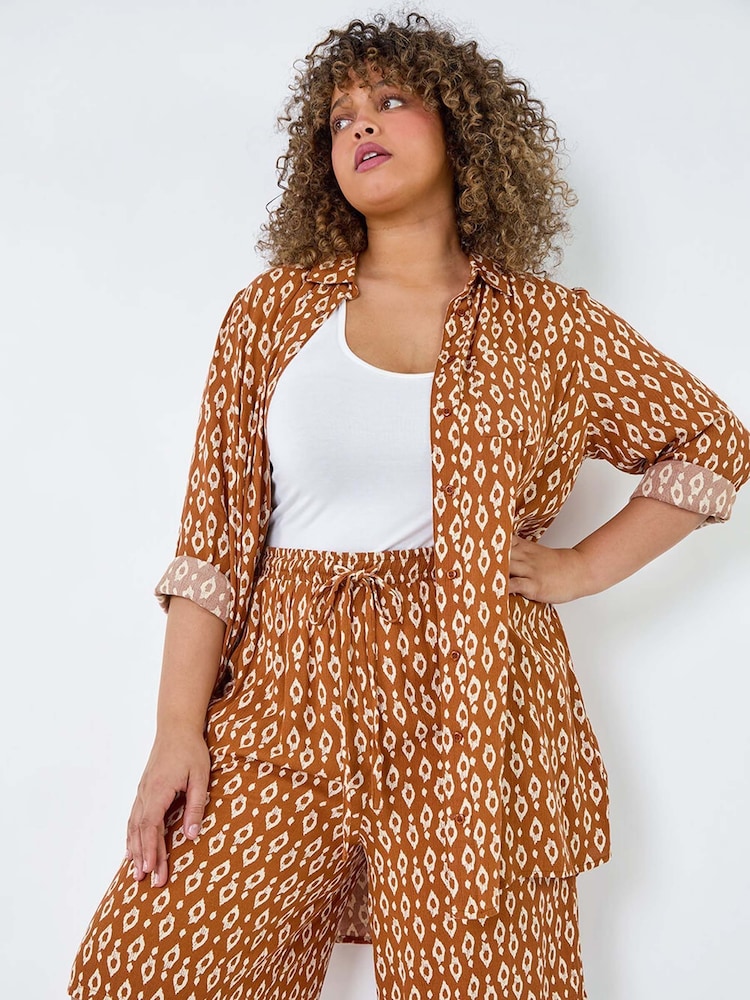 Roman Brown Geometric Print Crinkle Shorts - Image 1 of 5