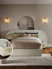 Soft Velvet Natural Oyster Iris Upholstered Hotel Bed Frame with Ottoman Storage Bedside Tables and Lights - Image 1 of 10