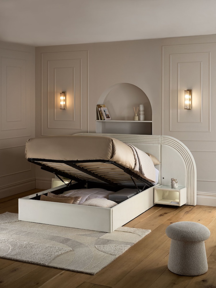 Soft Velvet Natural Oyster Iris Upholstered Hotel Bed Frame with Ottoman Storage Bedside Tables and Lights - Image 2 of 10