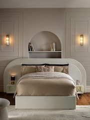 Soft Velvet Natural Oyster Iris Upholstered Hotel Bed Frame with Ottoman Storage Bedside Tables and Lights - Image 5 of 10