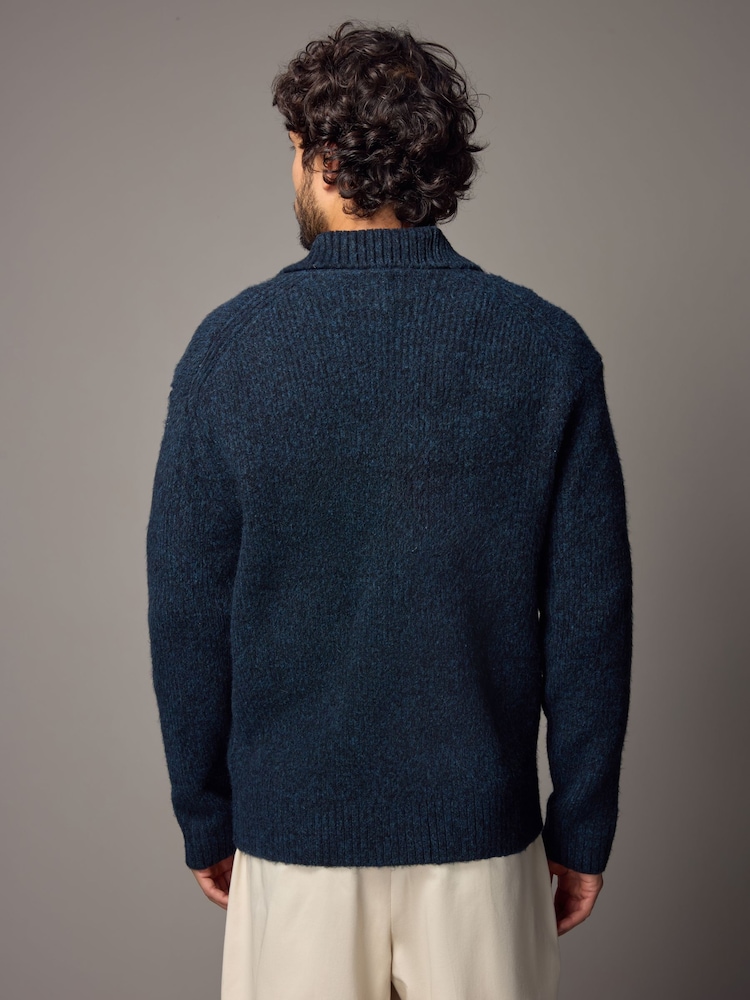Navy Blue Relaxed Fit Soft Touch Button Through Jumper with Wool - Image 3 of 11