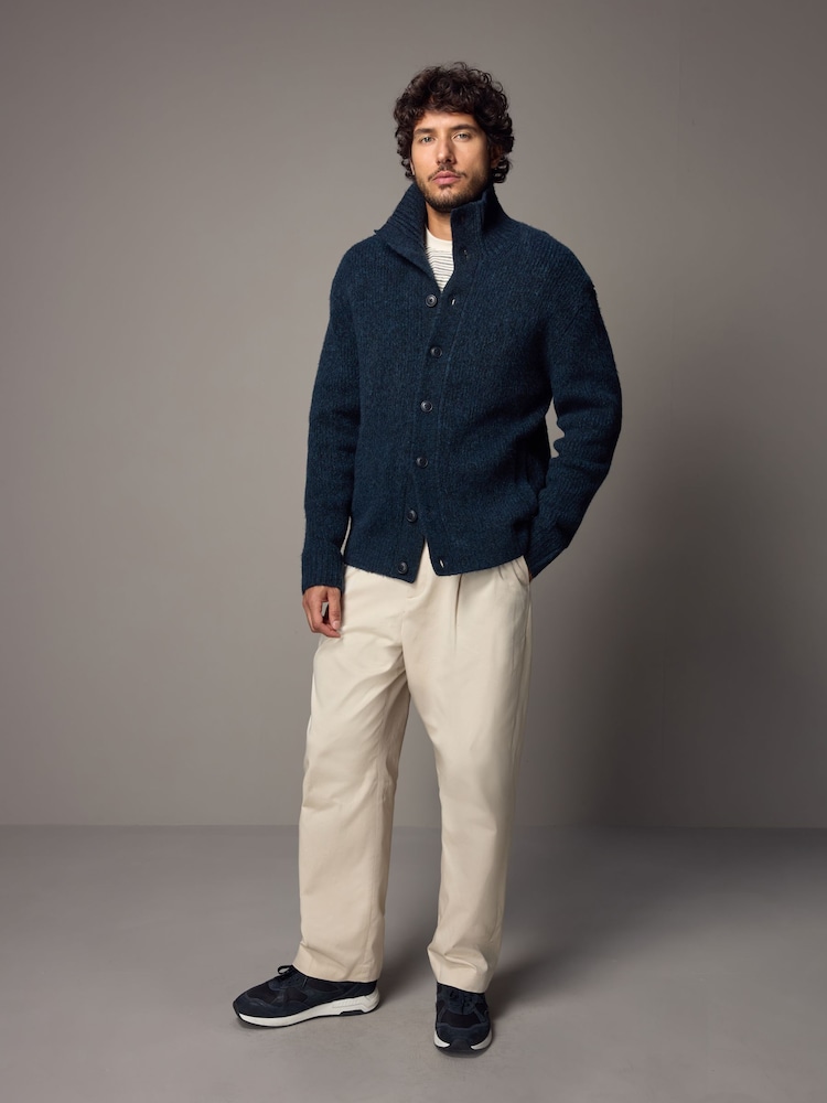 Navy Blue Relaxed Fit Soft Touch Button Through Jumper with Wool - Image 4 of 11