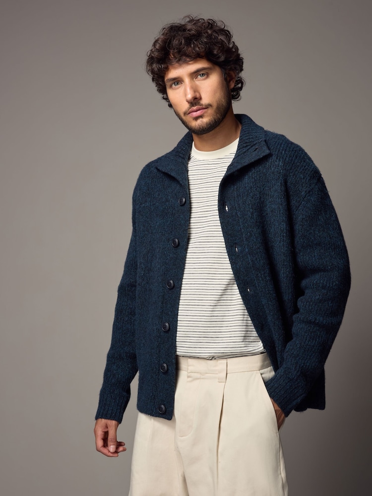 Navy Blue Relaxed Fit Soft Touch Button Through Jumper with Wool - Image 5 of 11