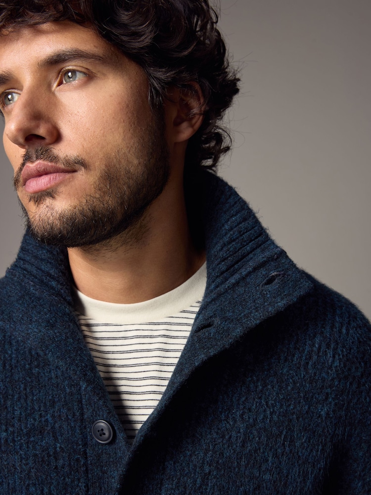 Navy Blue Relaxed Fit Soft Touch Button Through Jumper with Wool - Image 6 of 11