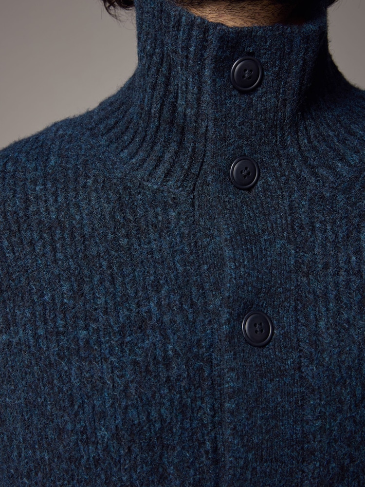 Navy Blue Relaxed Fit Soft Touch Button Through Jumper with Wool - Image 8 of 11
