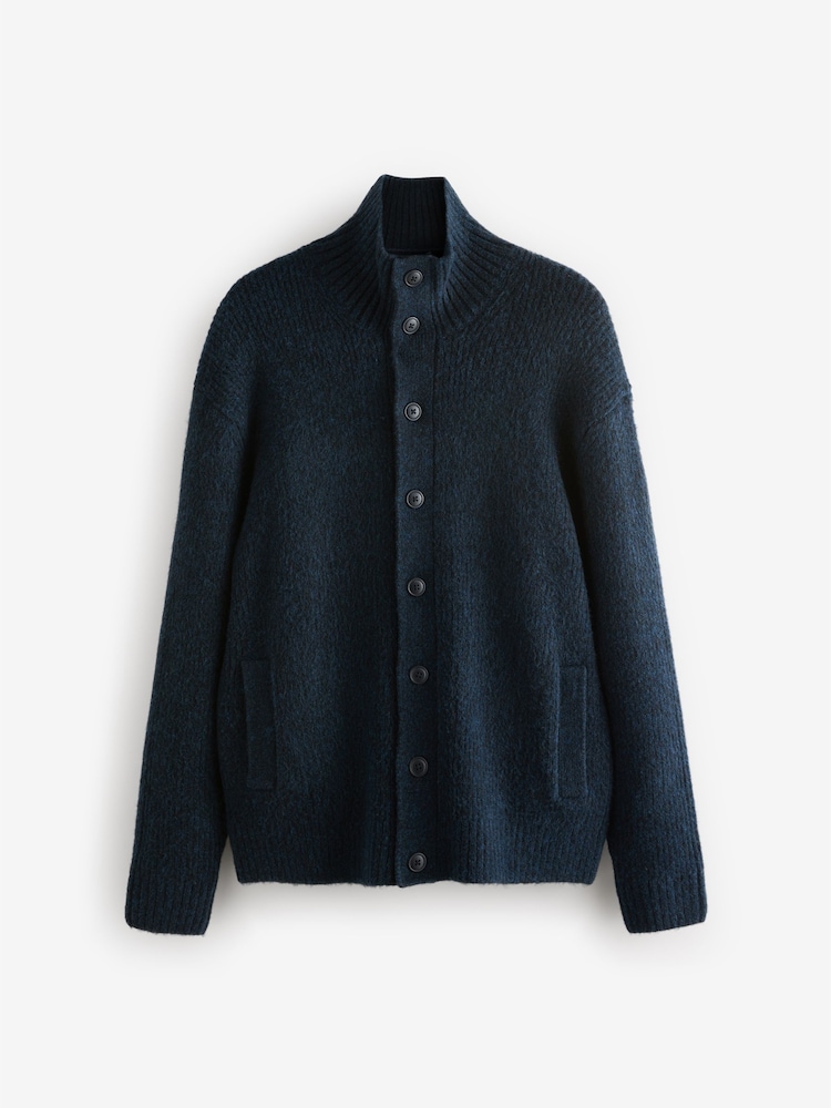 Navy Blue Relaxed Fit Soft Touch Button Through Jumper with Wool - Image 9 of 11
