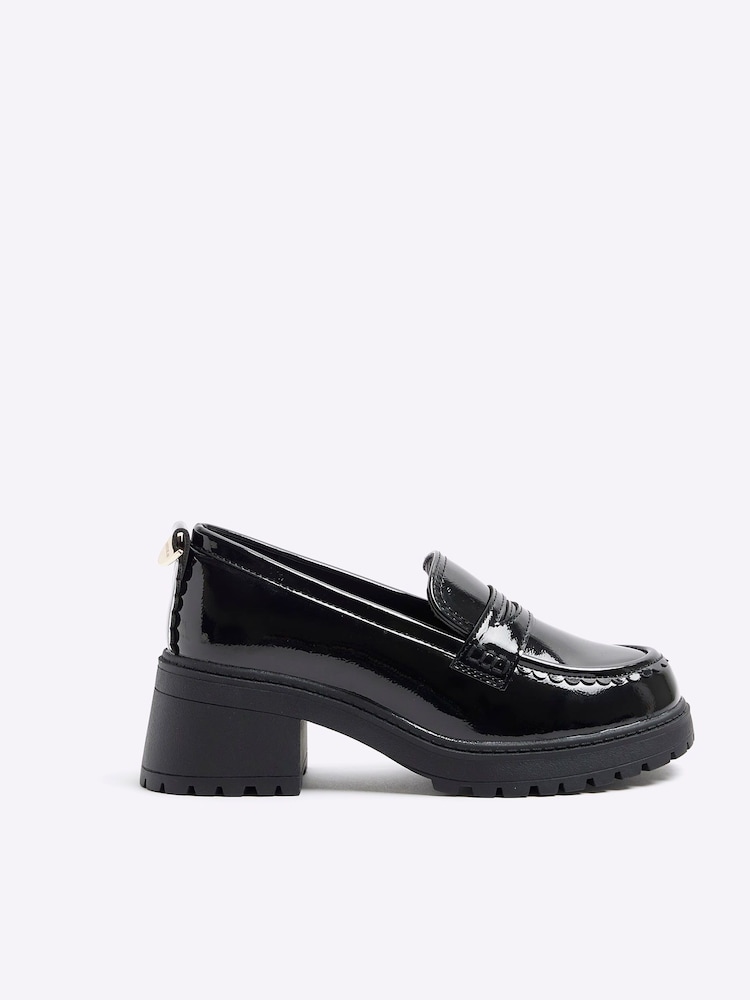 River Island Black Girls Scallop Trim Heeled Loafers - Image 1 of 4 River Island Black Girls Scallop Trim Heeled Loafers - Image 1 of 4
