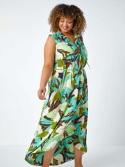 Roman Green Leaf Print Tie Neck Midi Dress - Image 1 of 5