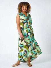 Roman Green Leaf Print Tie Neck Midi Dress - Image 3 of 5