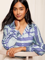 Friends Like These Blue Geo Print Satin Button Through Shirt - Image 3 of 4