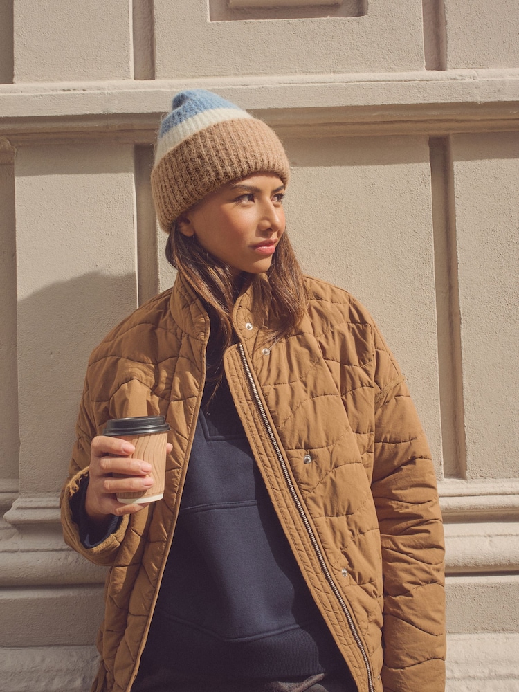 Blue Block Stripe Wool And Alpaca Blend Knitted Beanie Hat - Image 1 of 5
