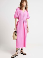 River Island Pink Medium Puff Belted Texture Dress - Image 1 of 3