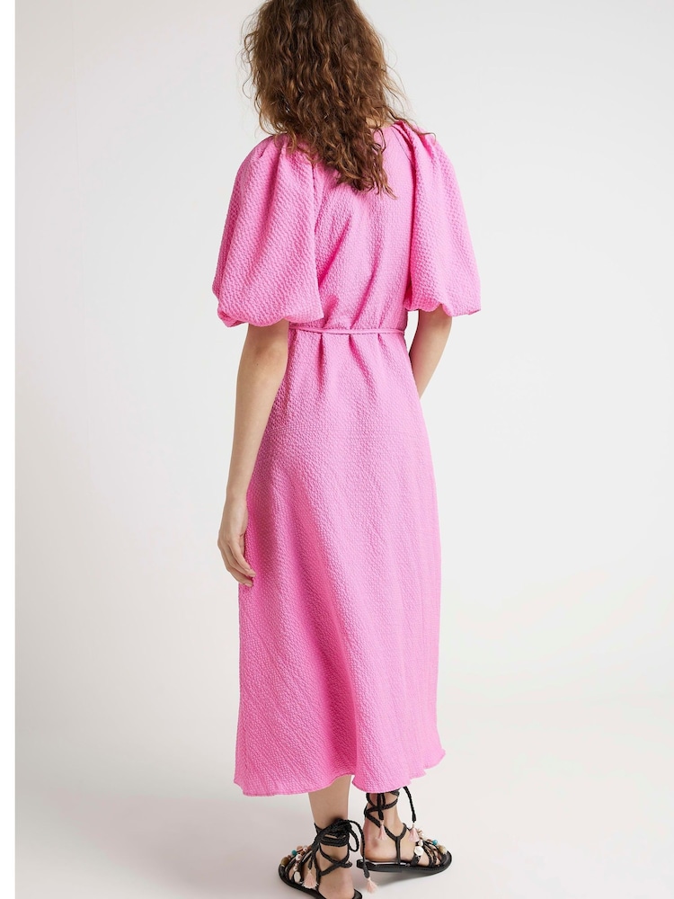 River Island Pink Medium Puff Belted Texture Dress - Image 2 of 3