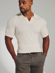 Tailored Athlete Cream Muscle Fit Square Textured Knitted Open Collar Polo Shirt - Image 1 of 7