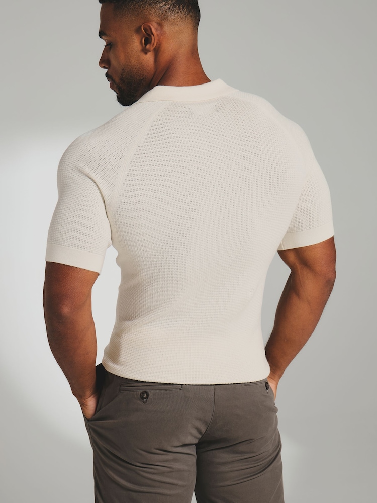 Tailored Athlete Cream Muscle Fit Square Textured Knitted Open Collar Polo Shirt - Image 2 of 7 Tailored Athlete Cream Muscle Fit Square Textured Knitted Open Collar Polo Shirt - Image 2 of 7