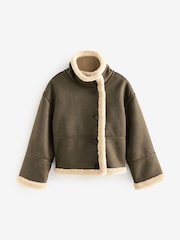 Khaki Green Borg Lined Reversible Aviator Teddy Jacket - Image 10 of 13