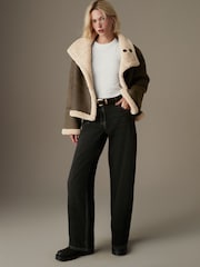 Khaki Green Borg Lined Reversible Aviator Teddy Jacket - Image 2 of 13