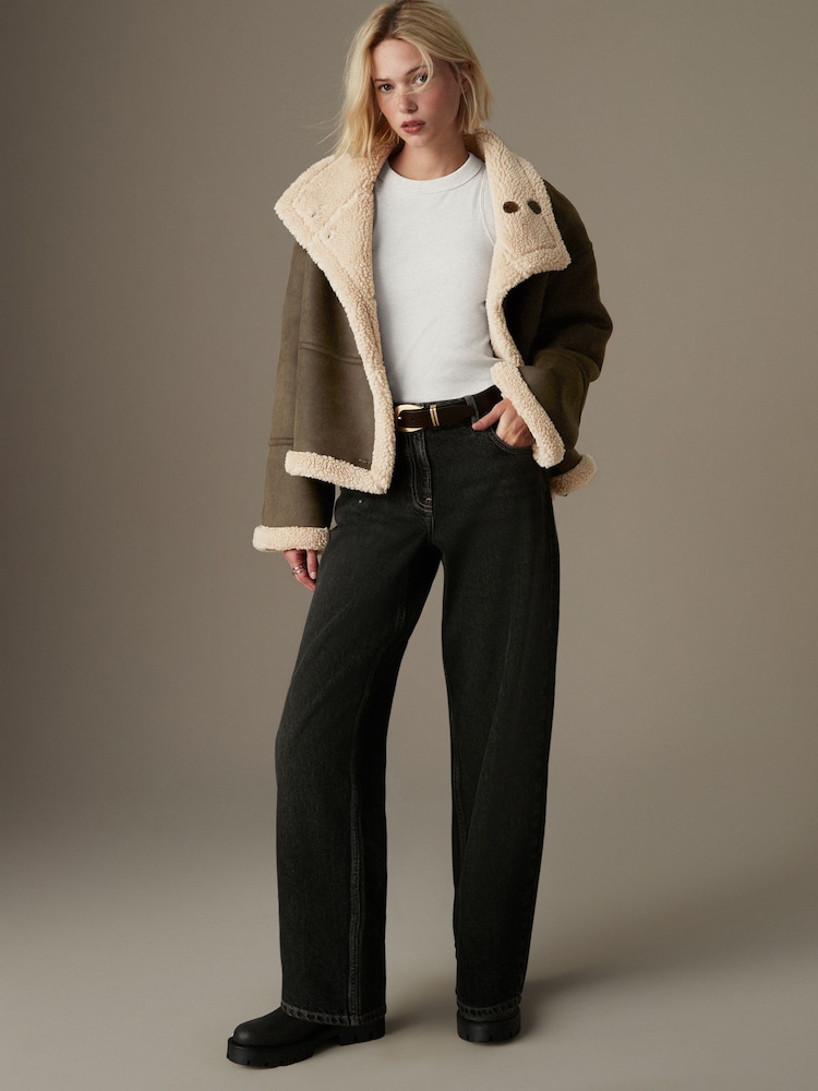 Khaki Green Borg Lined Reversible Aviator Teddy Jacket - Image 2 of 13