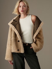 Khaki Green Borg Lined Reversible Aviator Teddy Jacket - Image 4 of 13