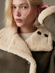 Khaki Green Borg Lined Reversible Aviator Teddy Jacket - Image 8 of 13
