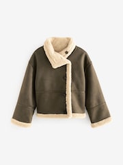 Khaki Green Borg Lined Reversible Aviator Teddy Jacket - Image 9 of 13