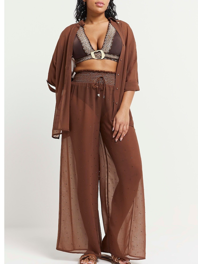 River Island Brown Sheer Diamante Oversized Beach Shirt - Image 1 of 5