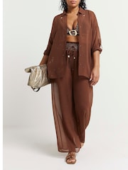 River Island Brown Sheer Diamante Oversized Beach Shirt - Image 2 of 5