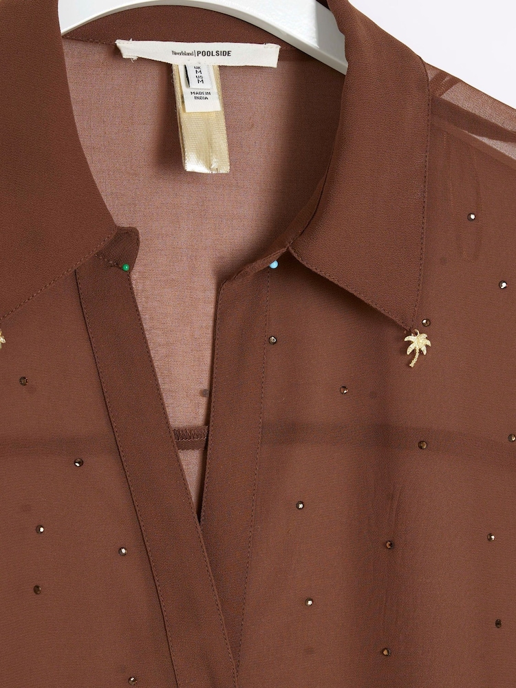 River Island Brown Sheer Diamante Oversized Beach Shirt - Image 5 of 5