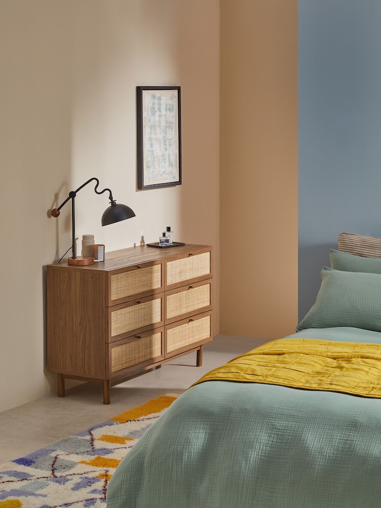 MADE.COM Dark Oak Effect Pavia Rattan 6 Drawer Wide Chest of Drawers - Image 1 of 7