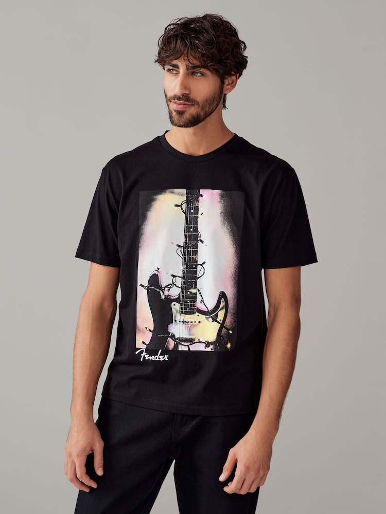 Black Fender 100% Cotton Licence Christmas T-Shirt - Image 1 of 8