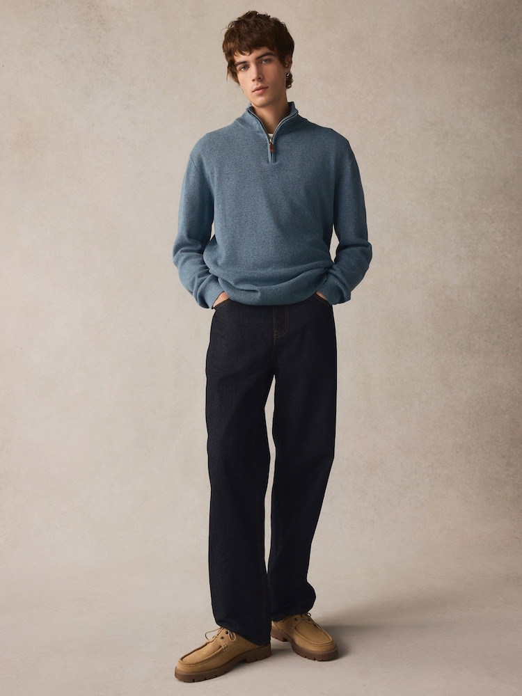 Srednje modra - v standardnem kroju 100% Cotton Premium Quarter Zip pulover - Slika 2 iz 7