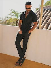 Tailored Athlete Black Muscle Fit Stretch Short Sleeve Linen Blend Cuban Collar Shirt - Image 2 of 5