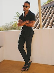 Tailored Athlete Black Muscle Fit Stretch Short Sleeve Linen Blend Cuban Collar Shirt - Image 5 of 5