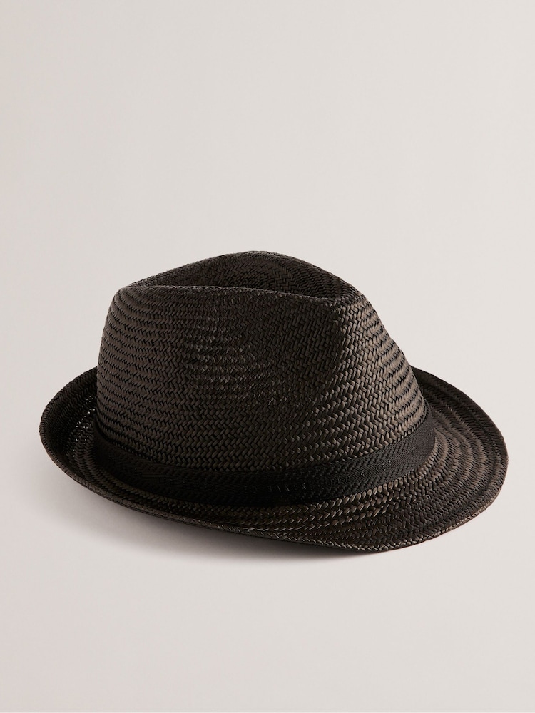 Ted Baker Black Panns Straw Trilby Webbing Trim Hat - Image 1 of 3