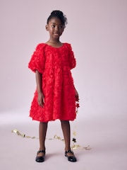 Red 3D Floral Print Occasion Dress (3-16yrs) - Image 1 of 4