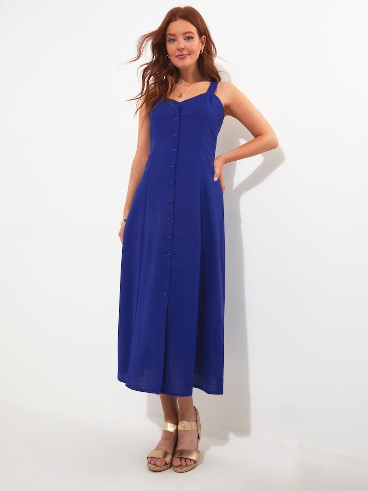 Joe Browns Blue Cobalt Linen Blend Button Through Full Skirt Maxi Dress - Image 1 of 6