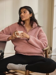 Pink Velour Lined Borg Half Zip Fleece - Image 1 of 5
