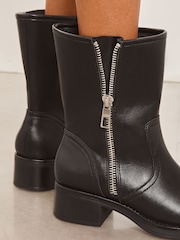 Lipsy Black Chunky Square Toe Comfort Casual Zip Up Moto Biker Faux Leather Ankle Boot - Image 2 of 4