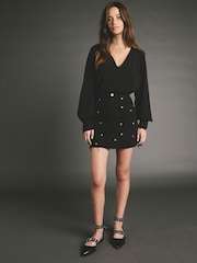 Washed Black 100% Cotton Eyelet Embellished Denim Mini Skirt - Image 2 of 8