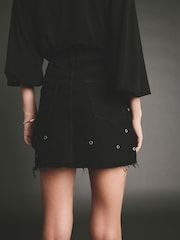 Washed Black 100% Cotton Eyelet Embellished Denim Mini Skirt - Image 4 of 8