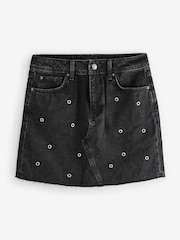 Washed Black 100% Cotton Eyelet Embellished Denim Mini Skirt - Image 6 of 8