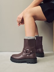 Burgundy Red Standard/Wide Fit Forever Comfort® Buckle Strap Leather Ankle Biker Boots - Image 1 of 8