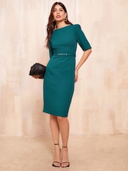 Friends Like These Green Boat Neck 3/4 Sleeve Tailored Dress - Image 3 of 4