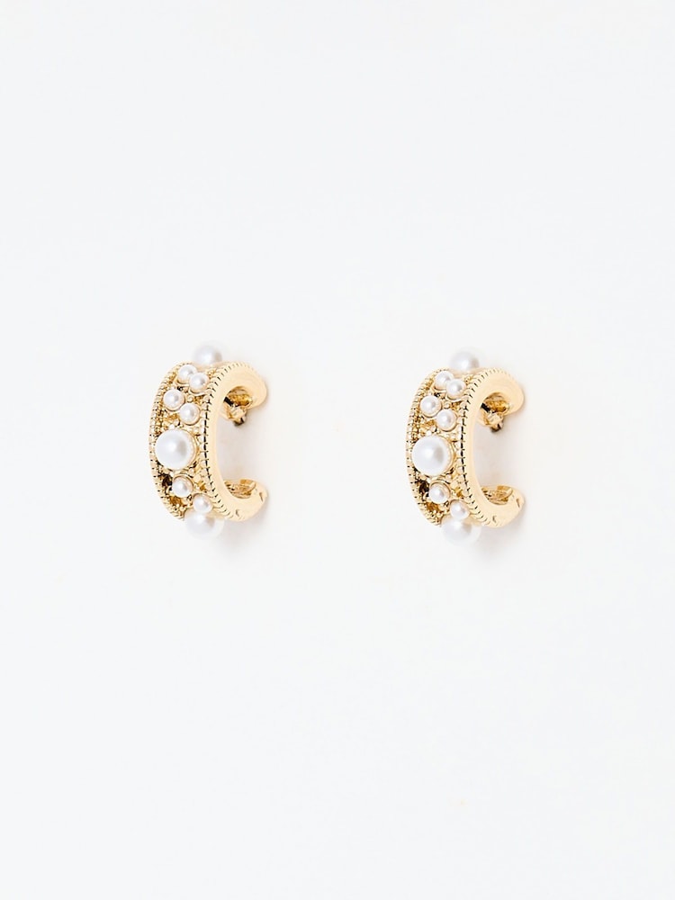 Oliver Bonas White Faux Pearl Dion Hoop Earrings - Image 2 of 6