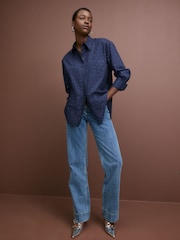 Navy Embellished Gem Oversized 100% Cotton Shirt - Image 2 of 7