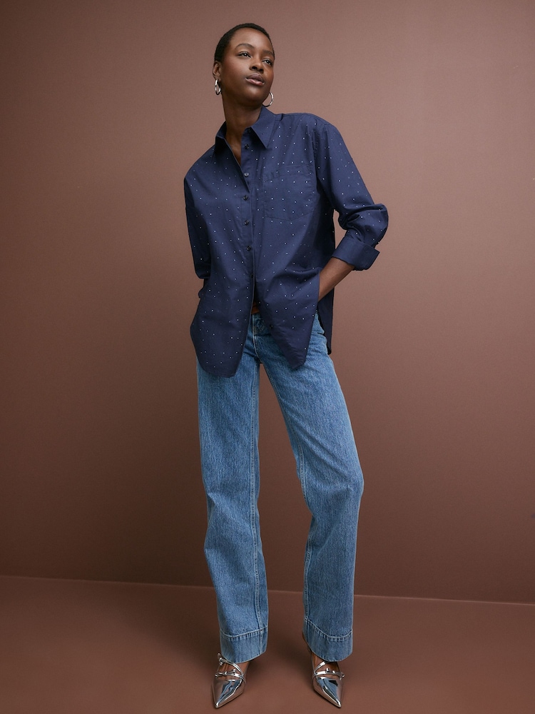 Navy Embellished Gem Oversized 100% Cotton Shirt - Image 2 of 7