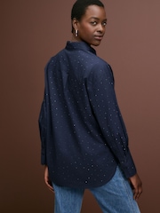 Navy Embellished Gem Oversized 100% Cotton Shirt - Image 5 of 7