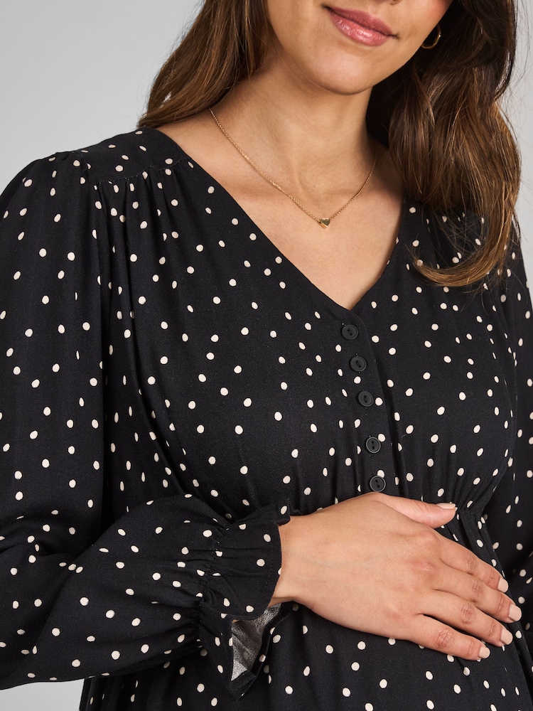 JoJo Maman Bébé Black Polka Dot V-Neck Maternity Midi Dress - Image 4 of 4
