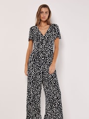 Apricot Blue Painterly Dot V-Neck Sleeve Jumpsuit - Image 1 of 4
